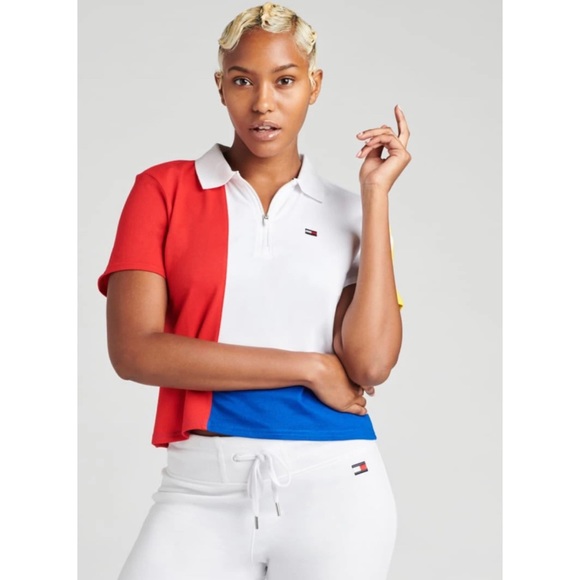 Tommy Hilfiger Color Block Cropped Polo Size M - Picture 1 of 11